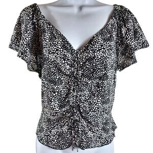 Japna Black White Smocked Peplum Blouse L Short Sleeve Boho Ruffle Hem Viscose